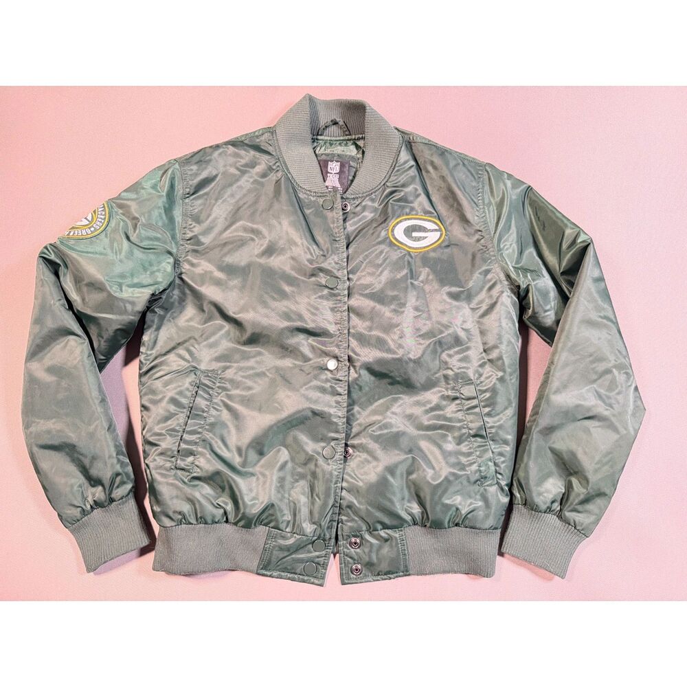 NFL Green Bay Packers Satin Bomber Jacket Small Mens Snap Button Football Green